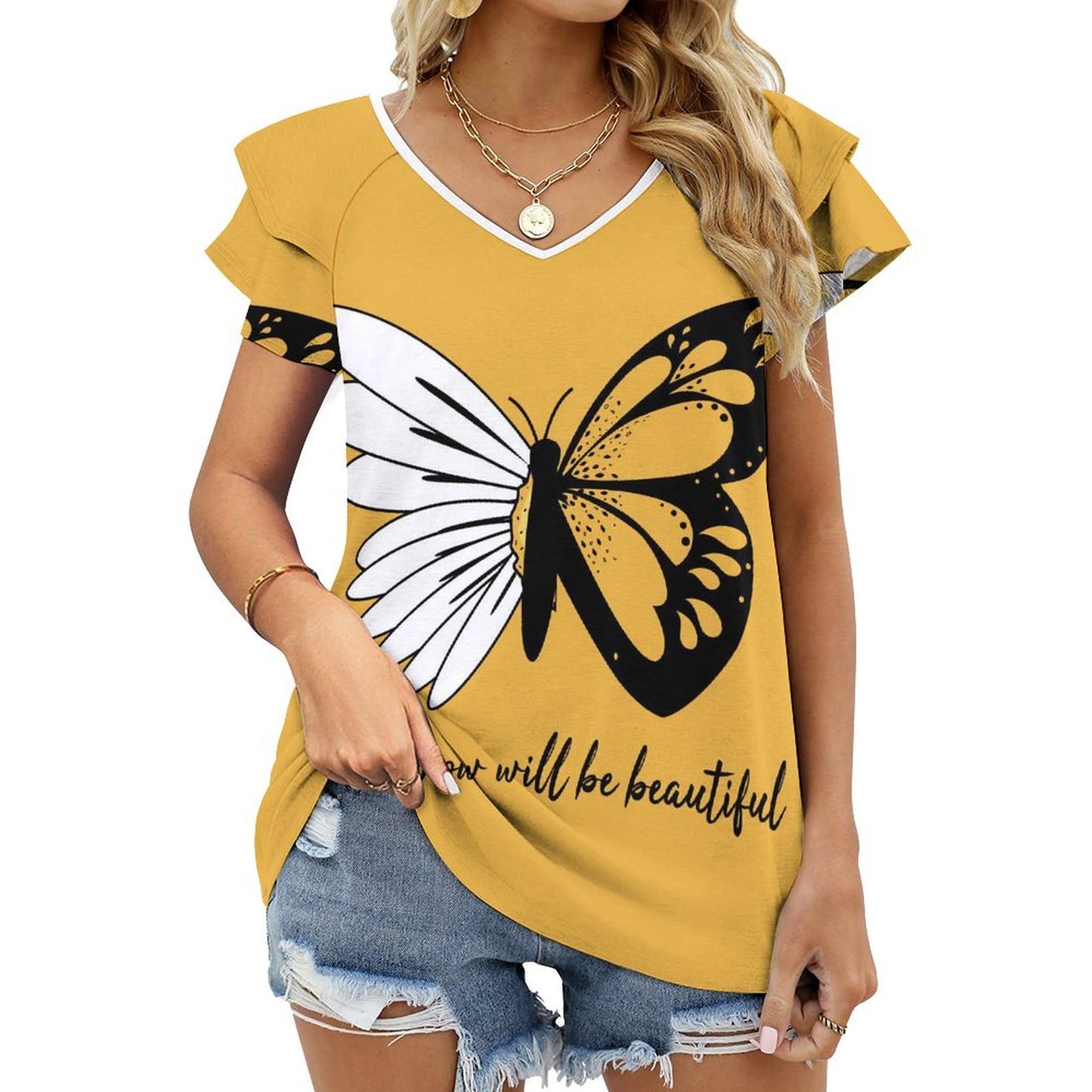 【肌が喜ぶUVカットTシャツ】写真でデザイン|フリル袖Vネック