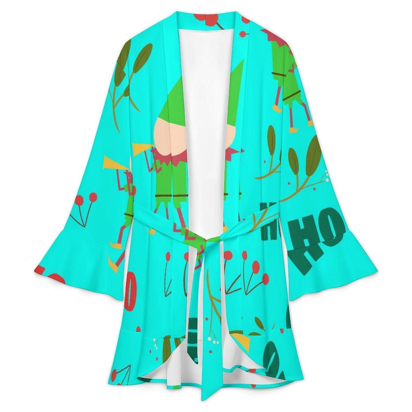 Floral Lace Long-sleeved Waistband Robe Christmas Elf Hohoho Green
