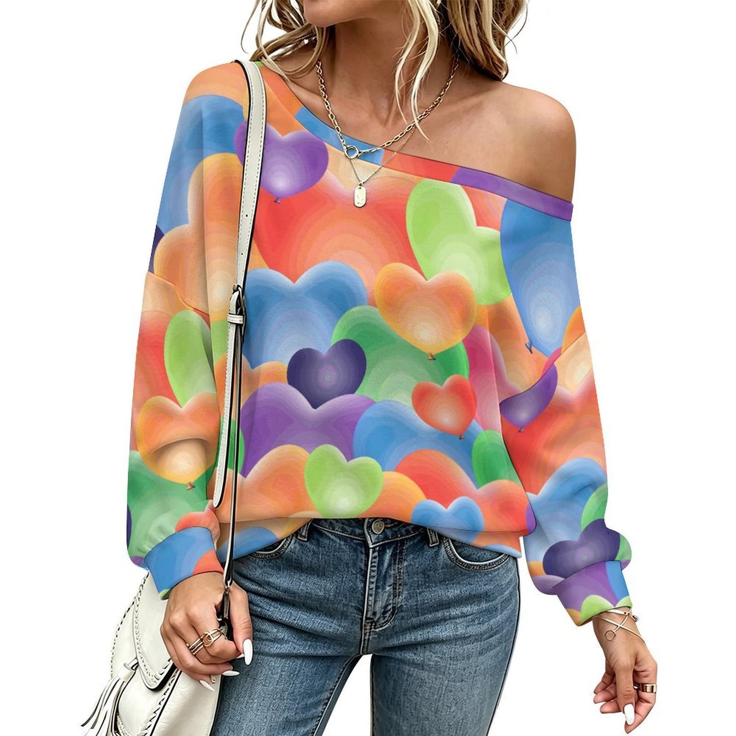 Off-shoulder Hoodie Color Heart Pattern