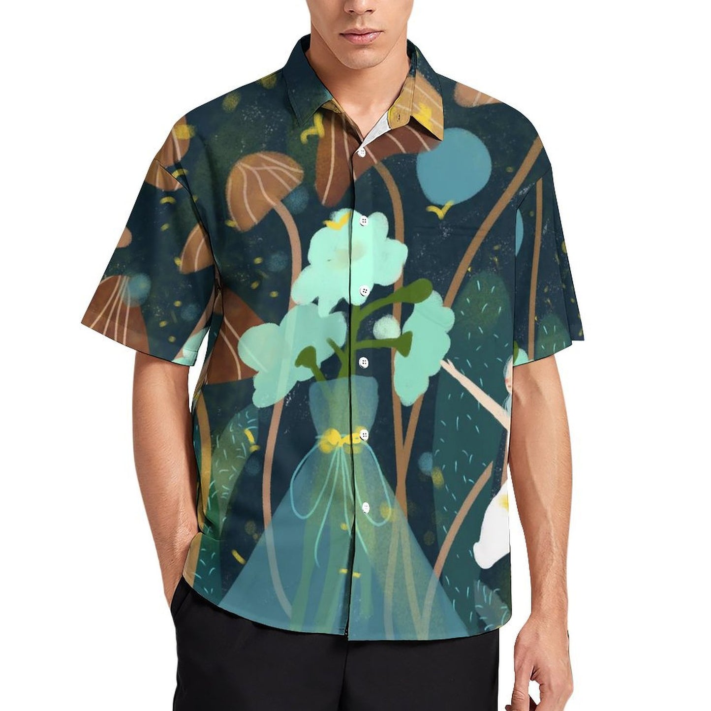 A Short Sleeved Shirt Forest, Mushroom, Girl, Cat