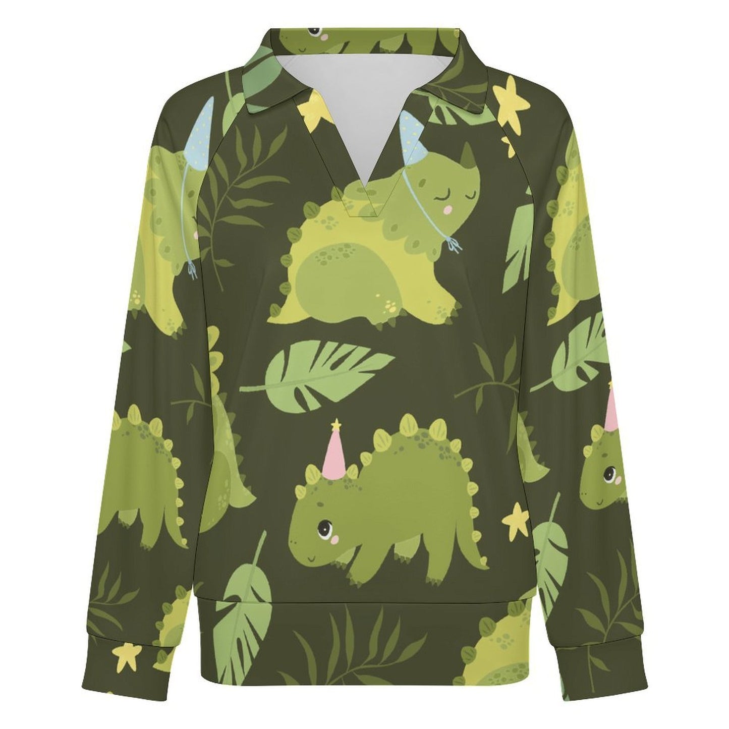Casual Long Sleeve V-Neck Sweatshirt Green, Dinosaur Pattern