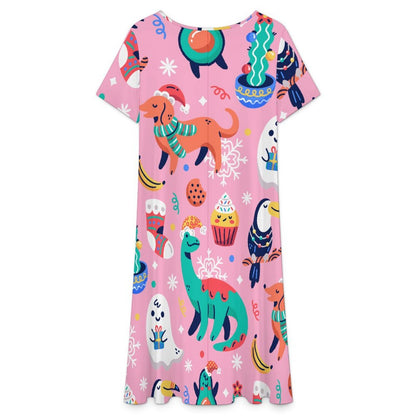 Short Sleeved V-neck Dress Dinosaurs, Ghosts, Party