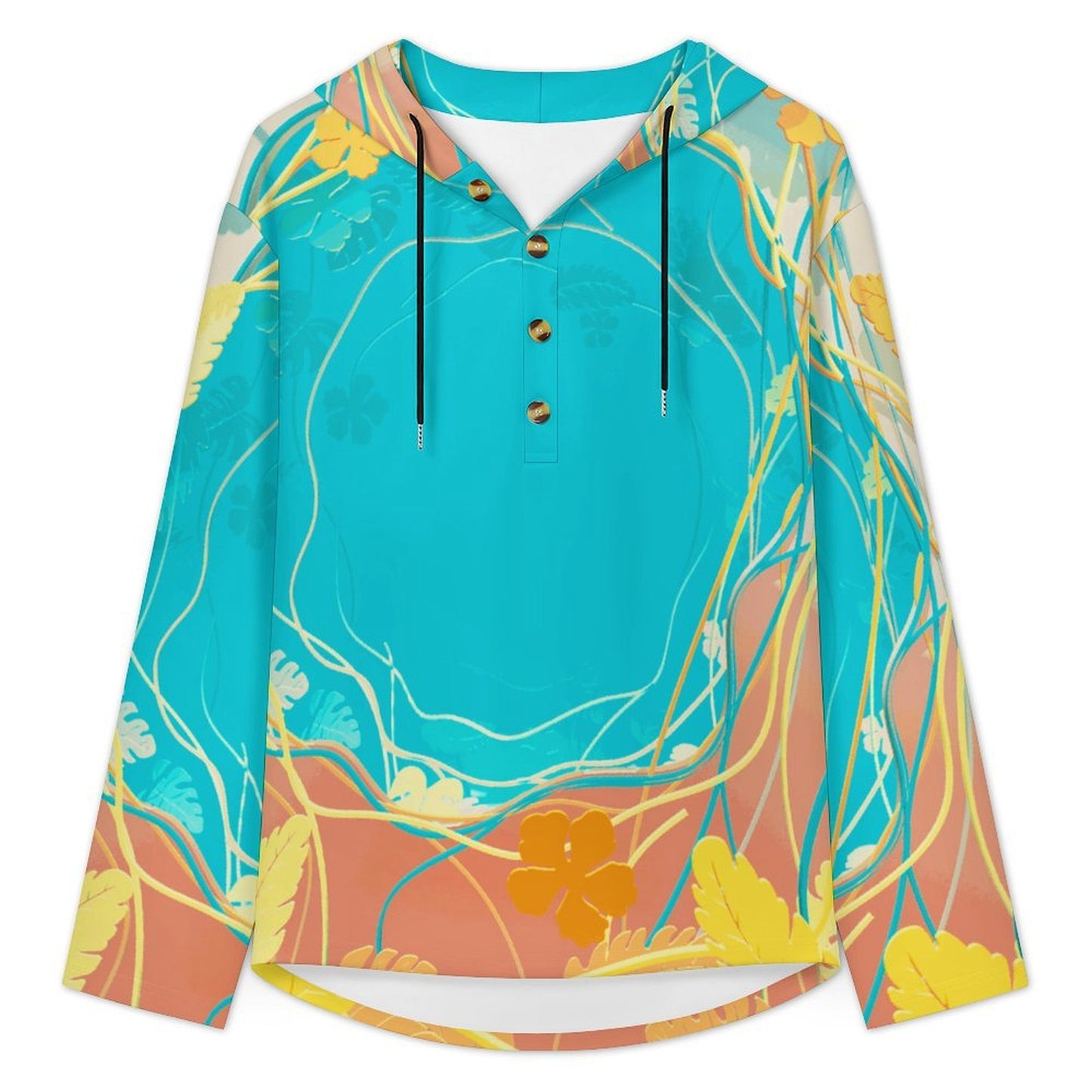 Button Hooded Sweatshirt Colored Plants, Leaves
