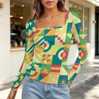 Women's Square Neck Long Sleeved Shirt Green, Puzzle, Abstract Pattern