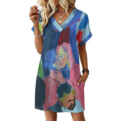 Vネック 折り返しカフス カジュアルワンピース 女性 カスタムプリント対応