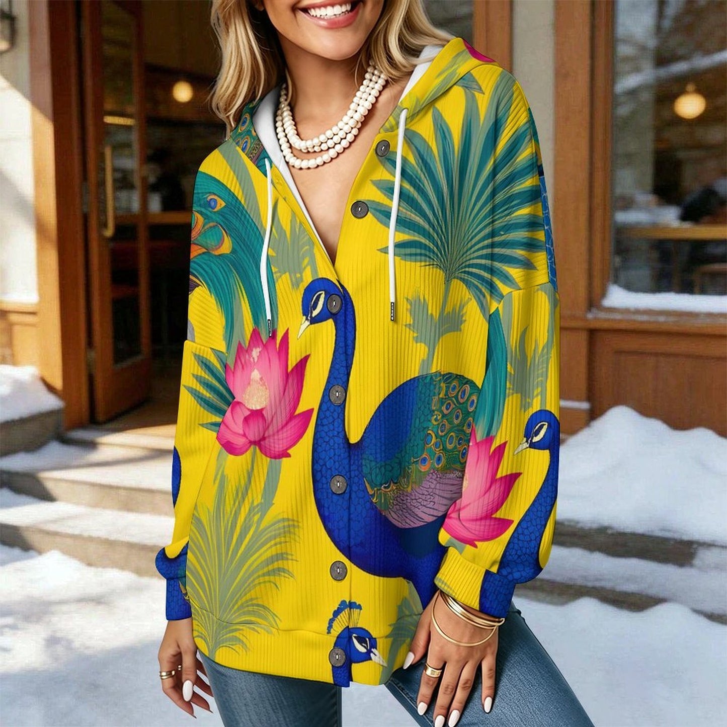 レディース フード付き ボタン ニット カーディガン 熱転写カスタム 長袖