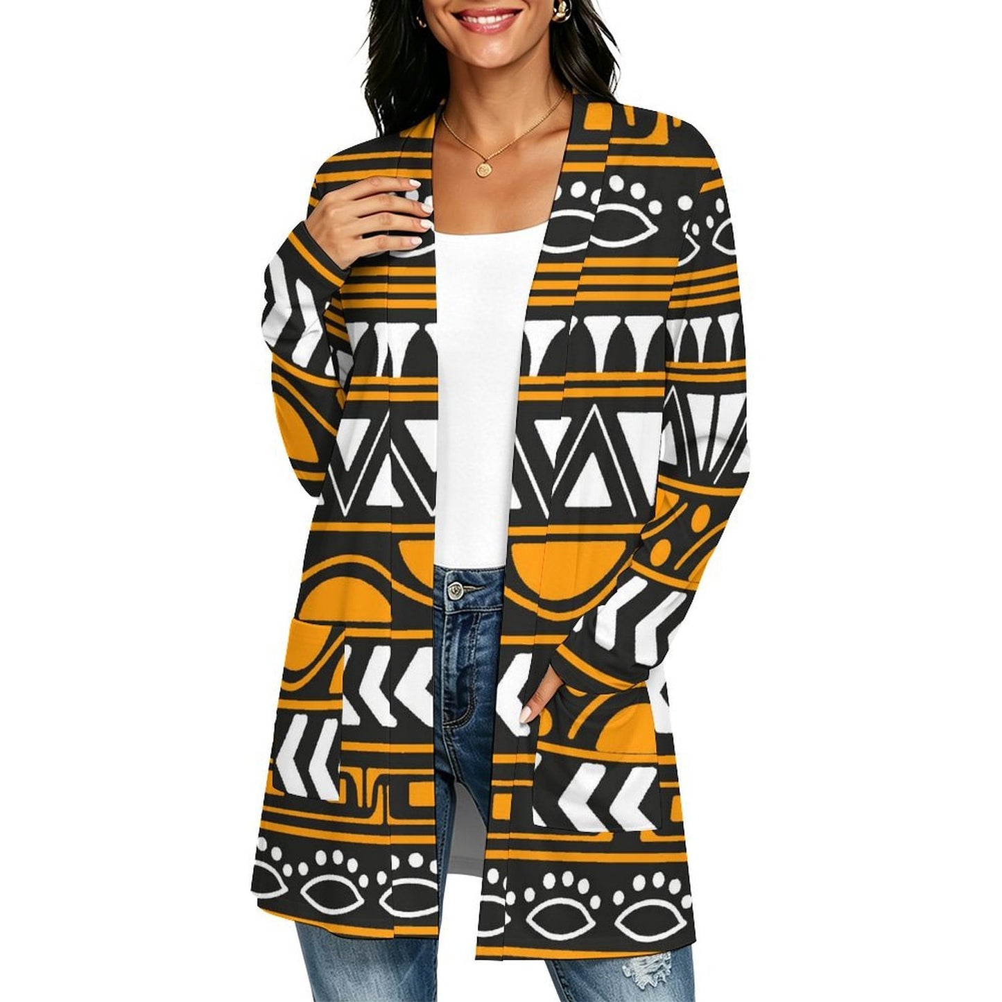 Long-sleeved Cardigan with Pockets African Pattern