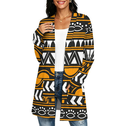 Long-sleeved Cardigan with Pockets African Pattern