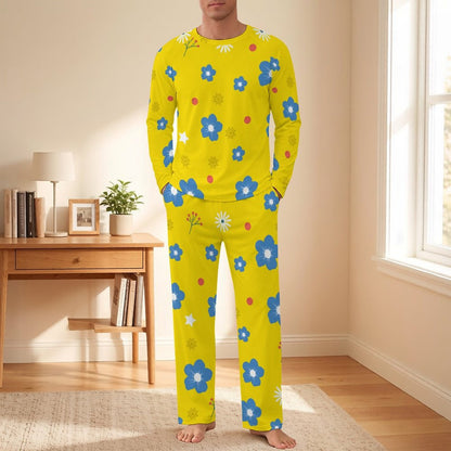 Shoulder Long Sleeved Pajama Set Yellow, Flower Background