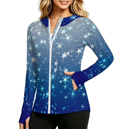 Sunscreen Hooded Long Sleeved Jacket Stars, Blue, Gradients