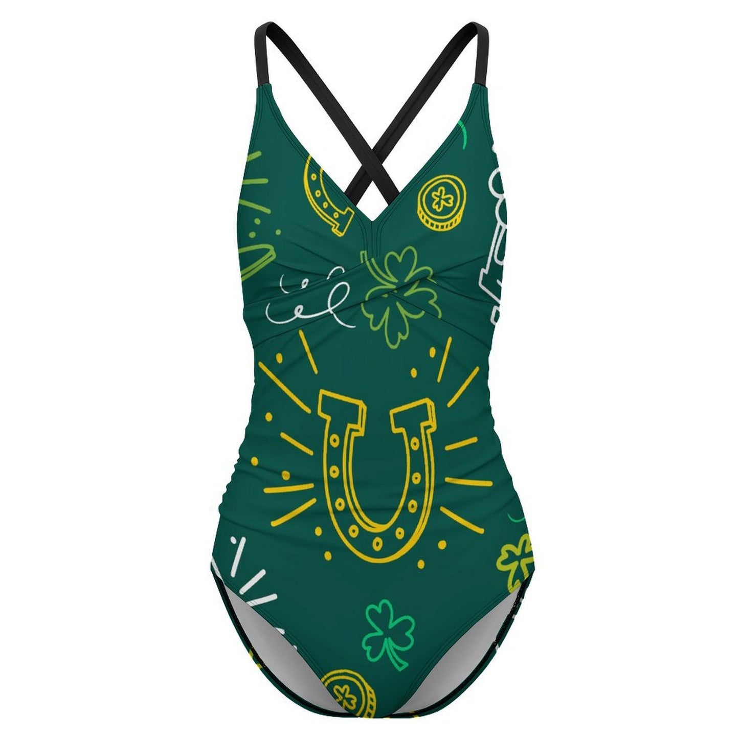 Backless One-piece Swimsuit Green, Clover, Graffiti Pattern