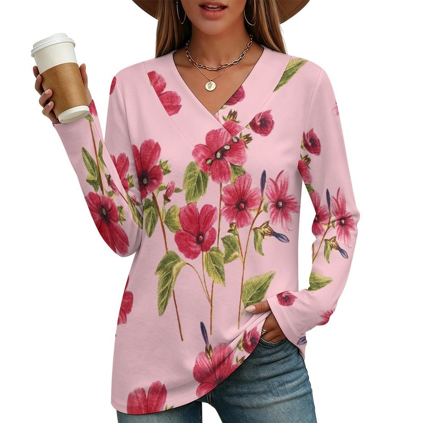 V-neck Button-up Top Flowers