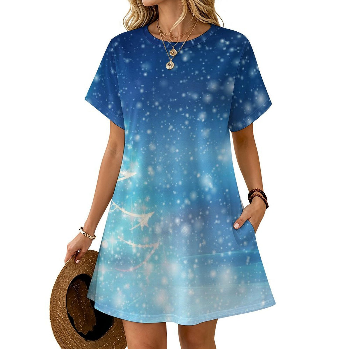 Short-sleeved Dress Christmas Tree, Starlight, Stars, Winter