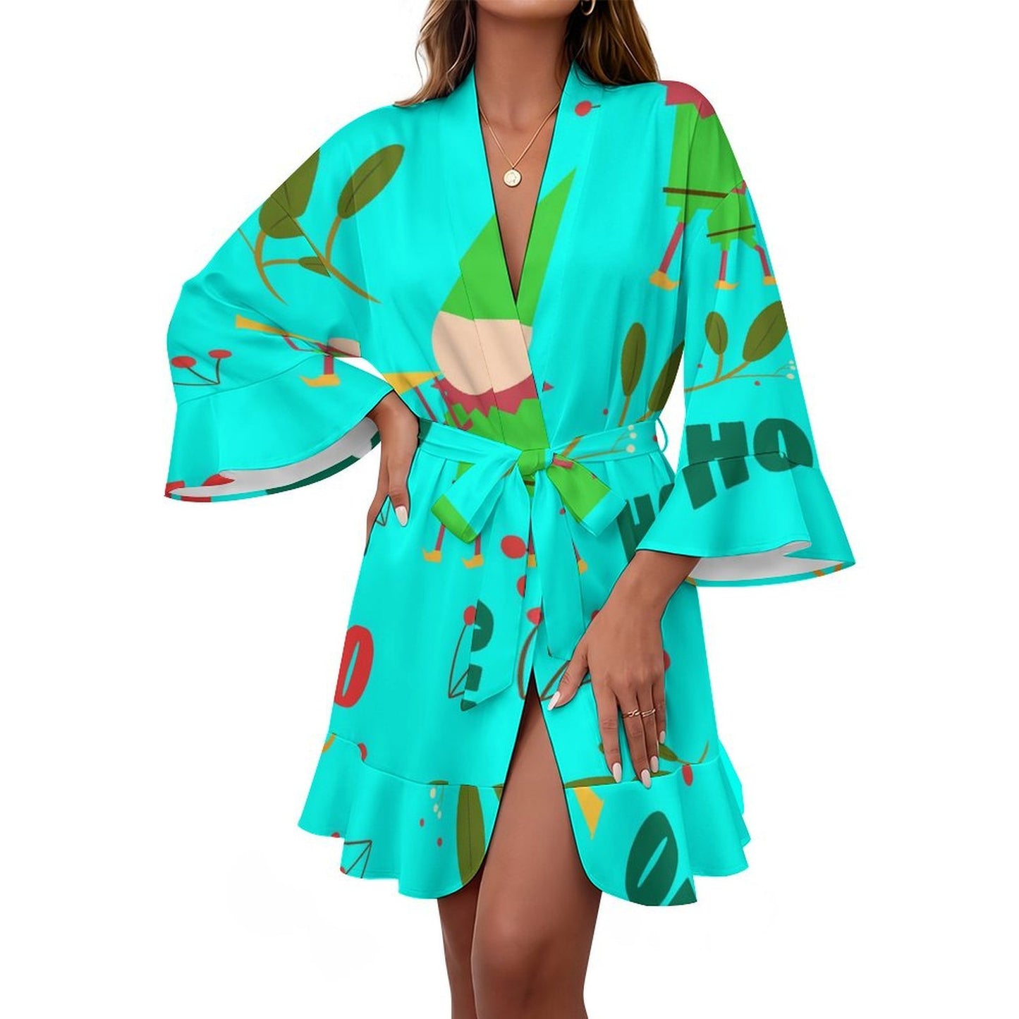 Floral Lace Long-sleeved Waistband Robe Christmas Elf Hohoho Green
