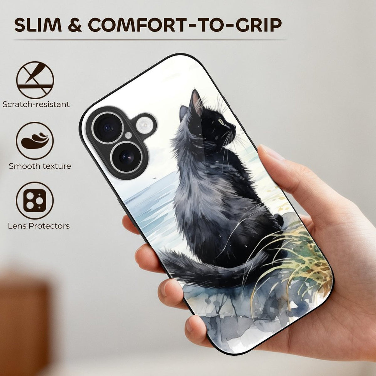 Mobile Phone Case for Apple IPhone 18 Black Cat, Back, Watercolor, Natural Style IPhone 18
