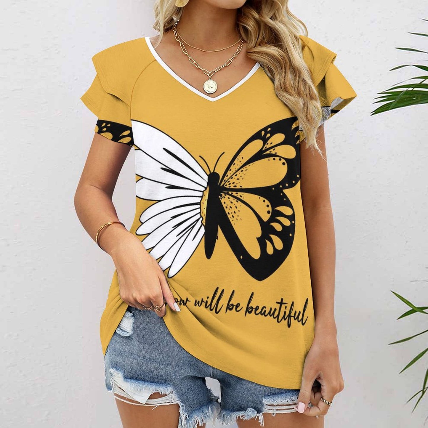 【肌が喜ぶUVカットTシャツ】写真でデザイン｜フリル袖Vネック