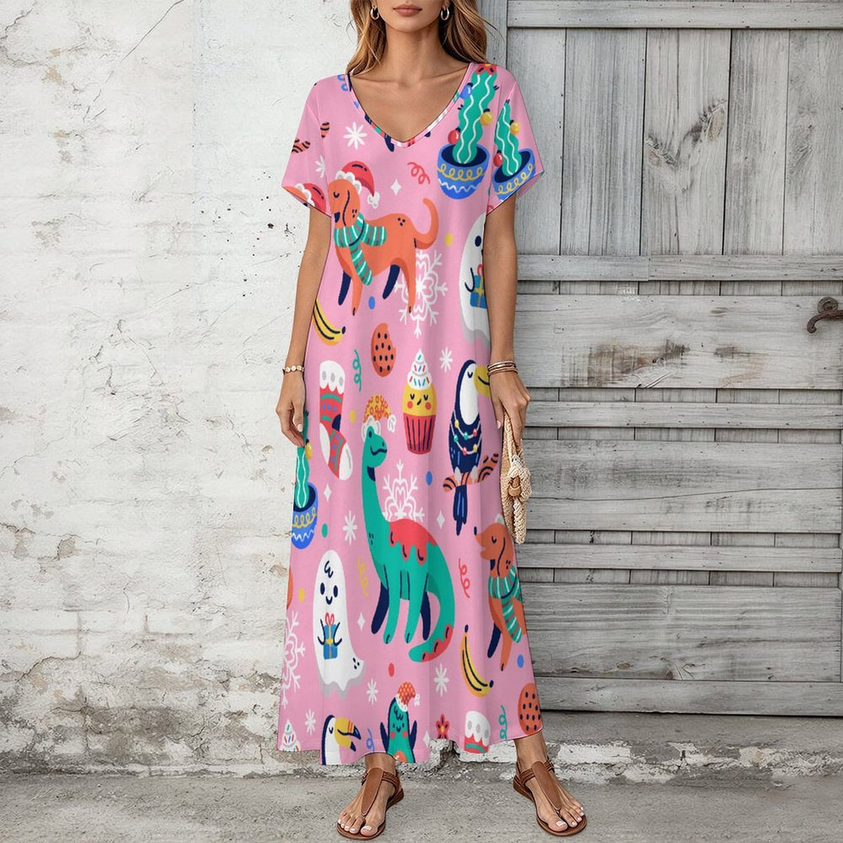 Short Sleeved V-neck Dress Dinosaurs, Ghosts, Party
