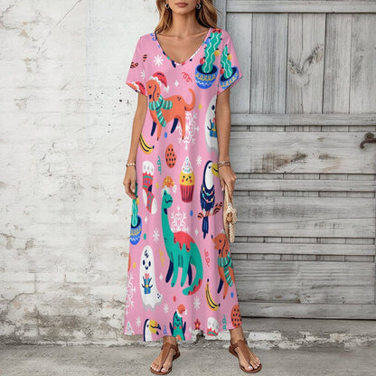 Short Sleeved V-neck Dress Dinosaurs, Ghosts, Party