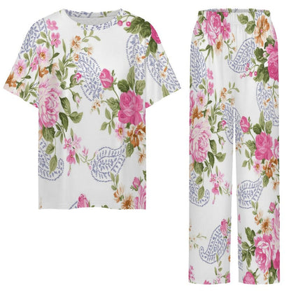 Short Sleeved Pajama Set Retro, Floral Design