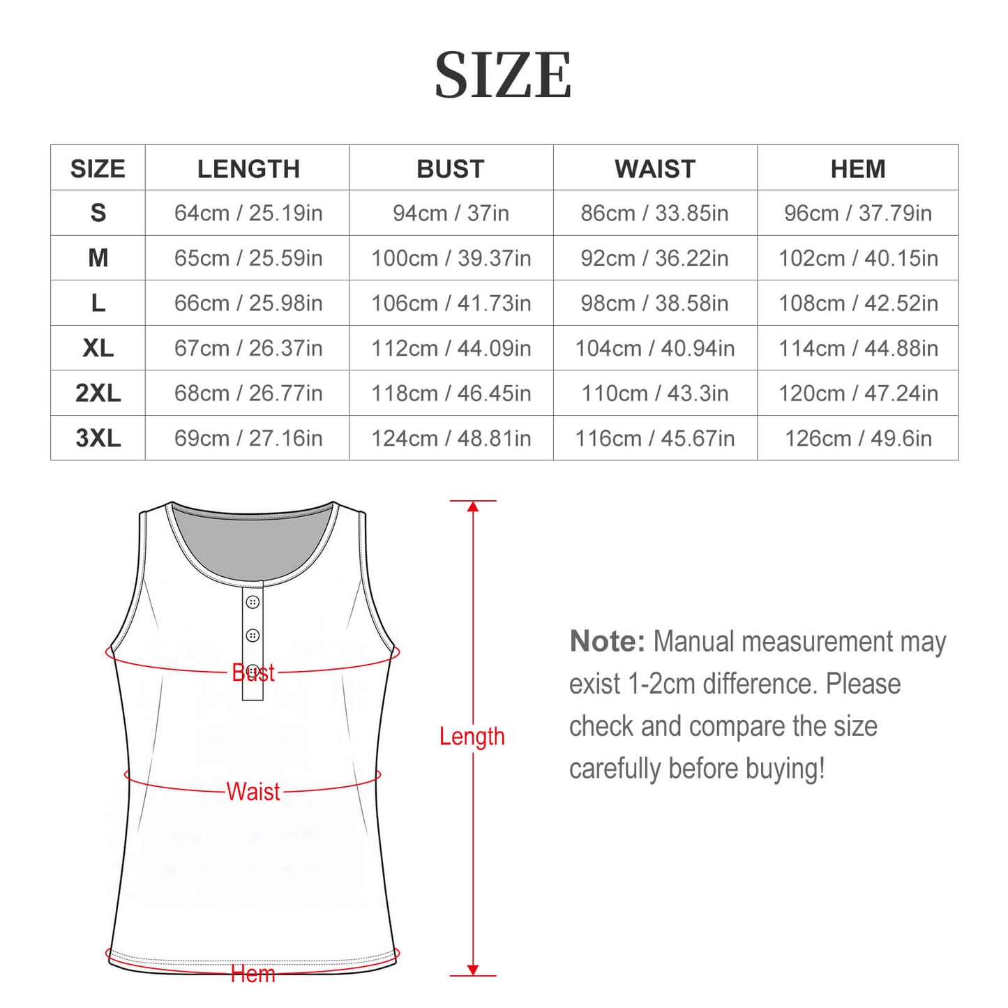 カスタムプリント対応 方形ネック ボタンフロント ノースリーブタンクトップ レディース S〜3XL