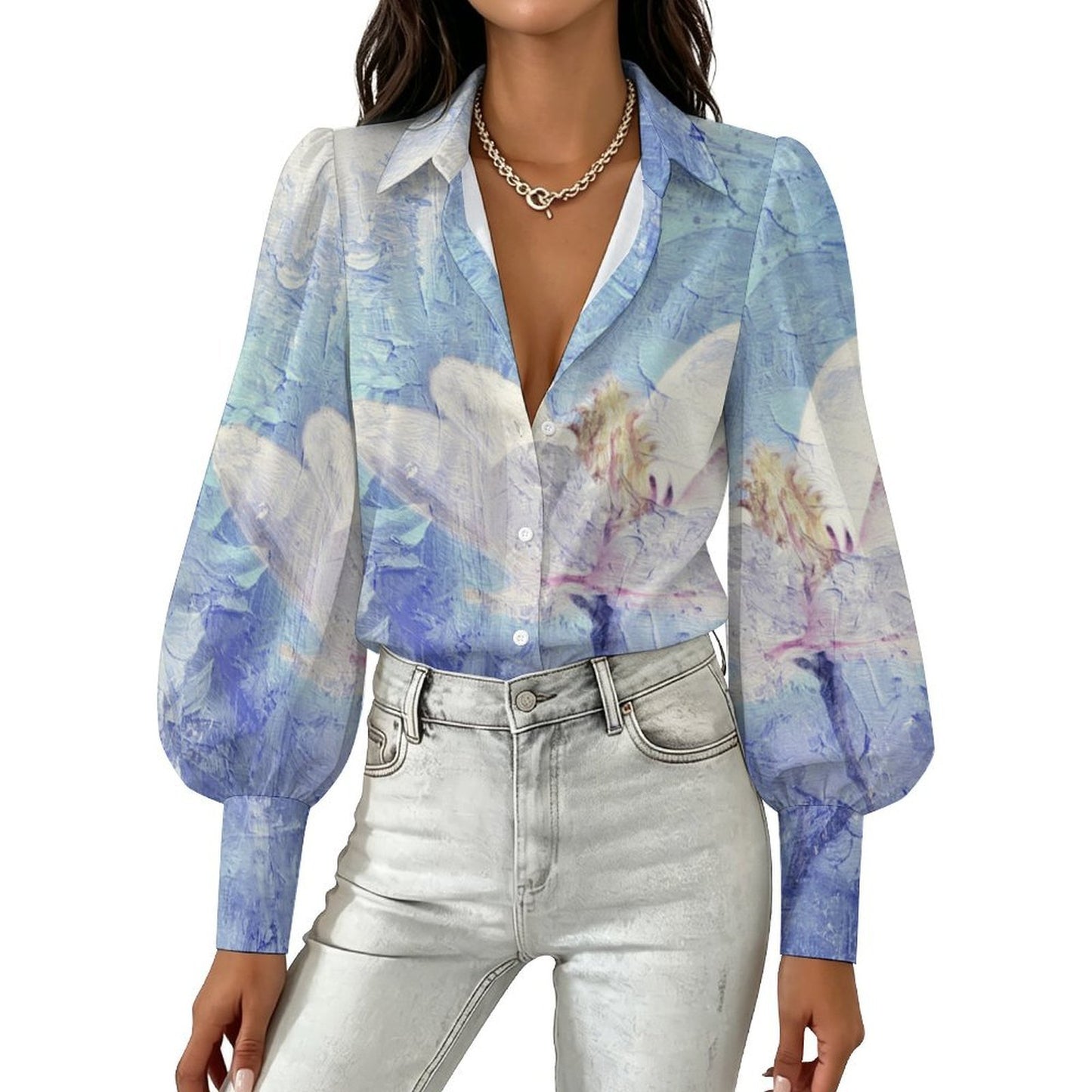 Cape Sleeve Long Sleeve Shirt Oil Painting, Purple, Flowers