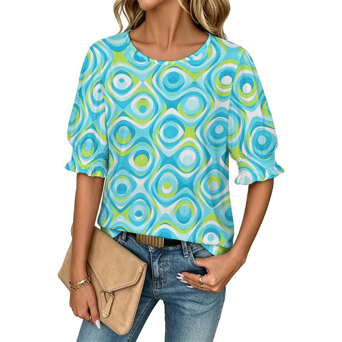 Sleeveless T-shirt with A Cut-out Design Aqua Blue, Swirling, Abstract