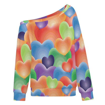 Off-shoulder Hoodie Color Heart Pattern