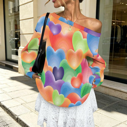 Off-shoulder Hoodie Color Heart Pattern