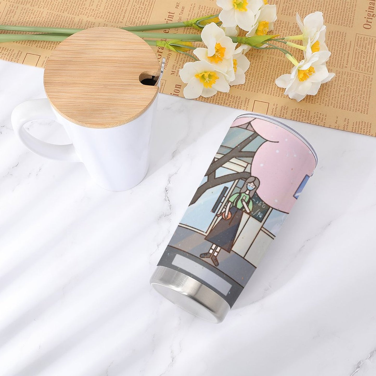 車用トラベルマグ 600ml 全周印刷 | カップホルダー対応 漏れない水筒