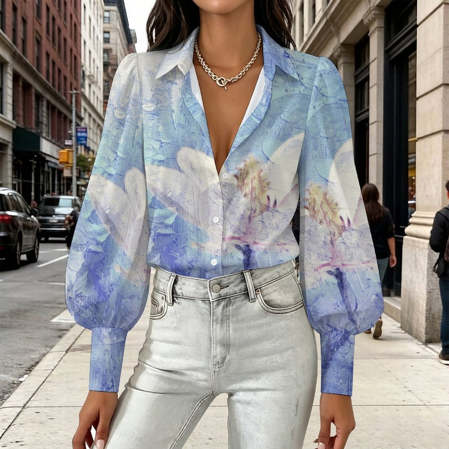Cape Sleeve Long Sleeve Shirt Oil Painting, Purple, Flowers