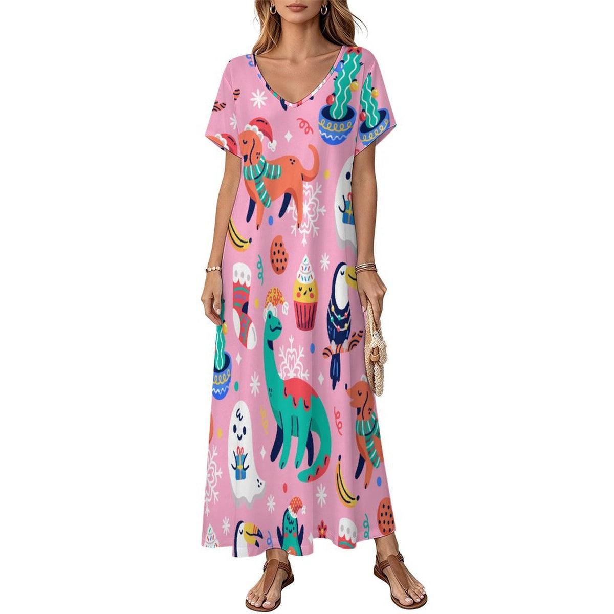 Short Sleeved V-neck Dress Dinosaurs, Ghosts, Party