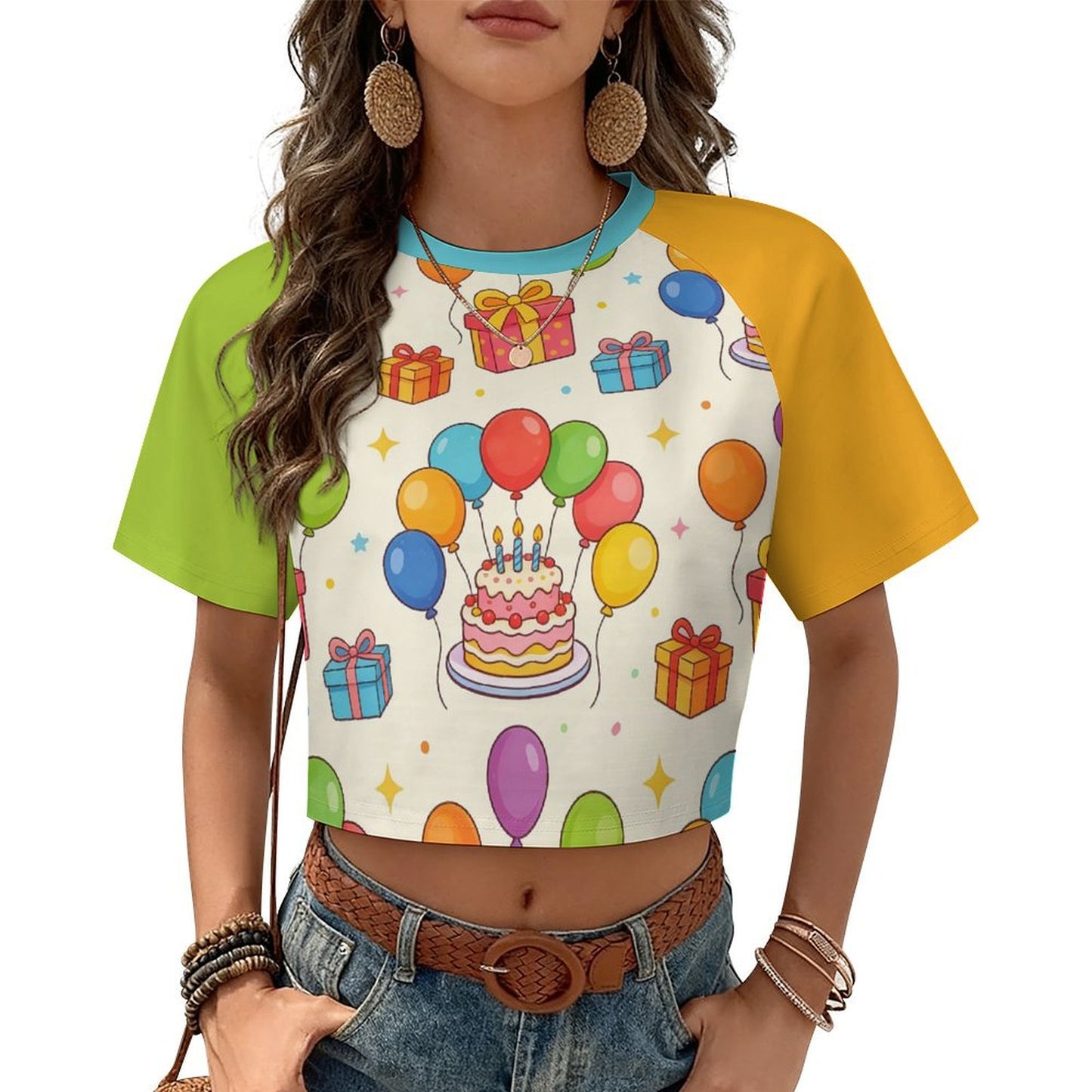カスタムプリント対応クロップド丈半袖Tシャツ（配色袖デザイン）