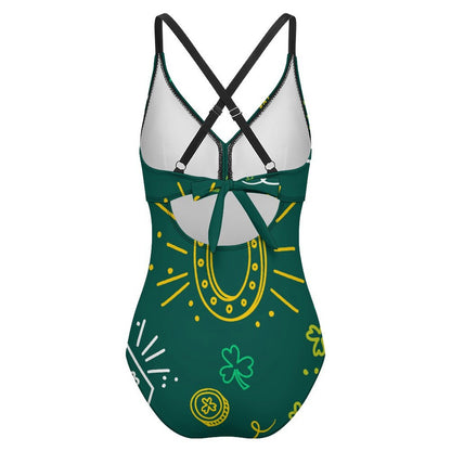 Backless One-piece Swimsuit Green, Clover, Graffiti Pattern